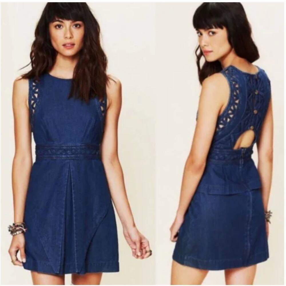Free People New Romantics Highland Denim Mini Dress Sleeveless Cutout Size 8